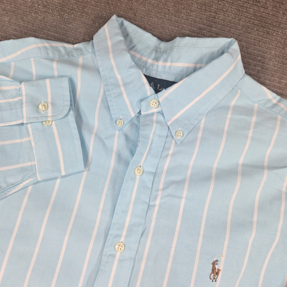 Ralph Lauren Mens 17 32/33 Blue Striped Classic Fit Cotton Oxford Shirt